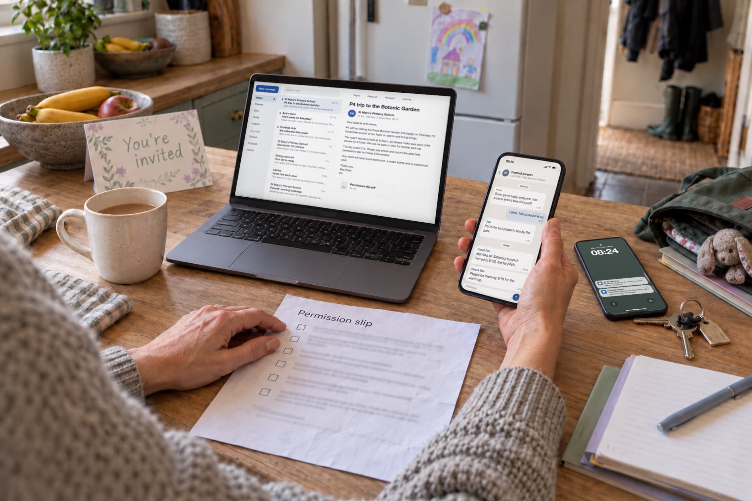 A parent's hands among a school email on a laptop, a football group-chat message and a dentist's text on phones, a permission slip and a party invitation on the kitchen worktop.
